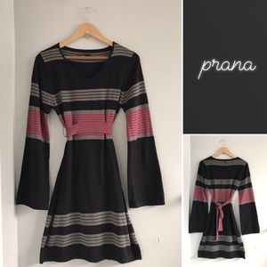 Prana Black Knit Long Sleeve Striped Dress • M